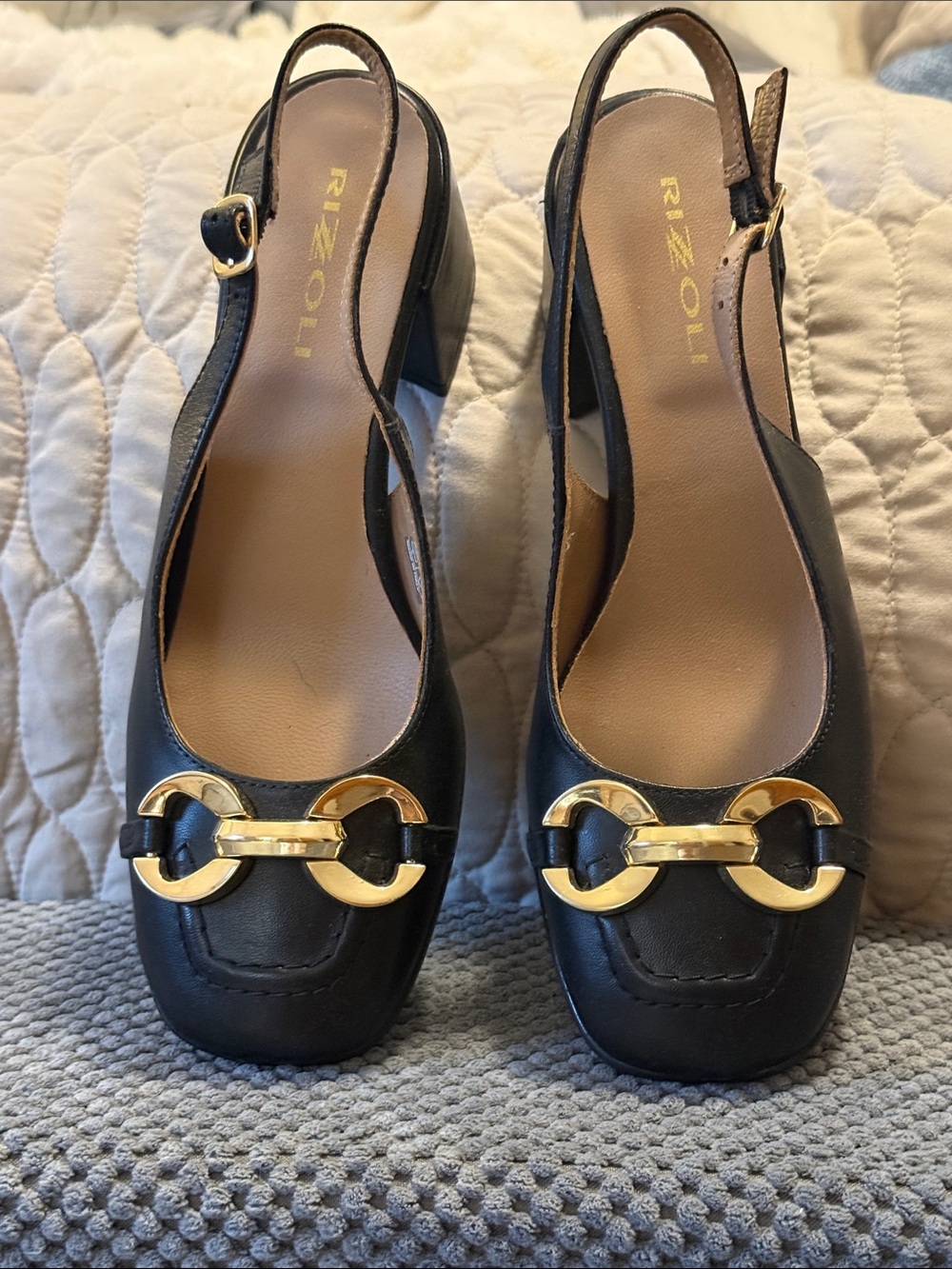 Rizzoli Black Slingback Mules with Gold Accent Sz 37